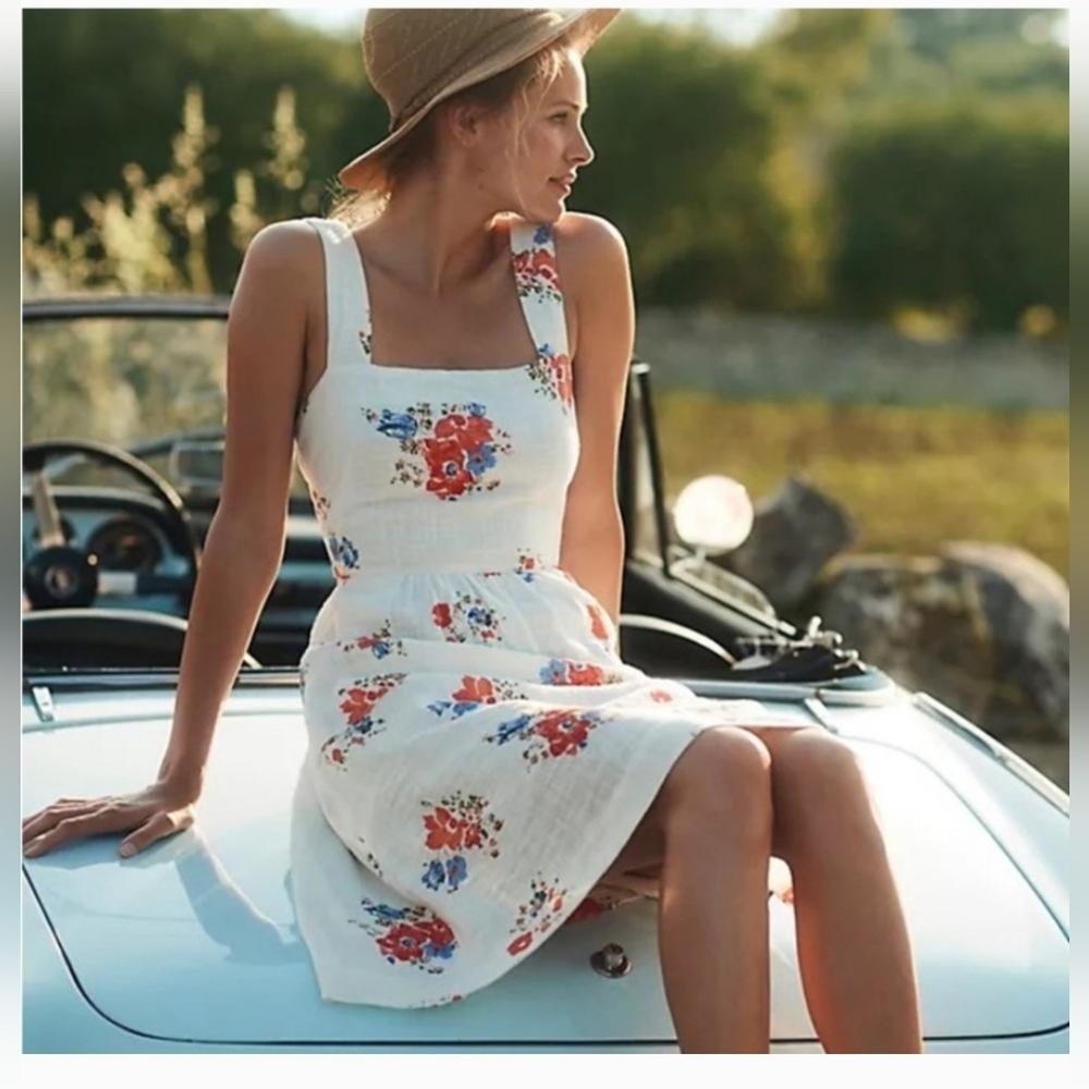 Anthropologie Meadow Rue Ingalls Tie Waist Ivory Floral Gauzy Midi Dress Size 6